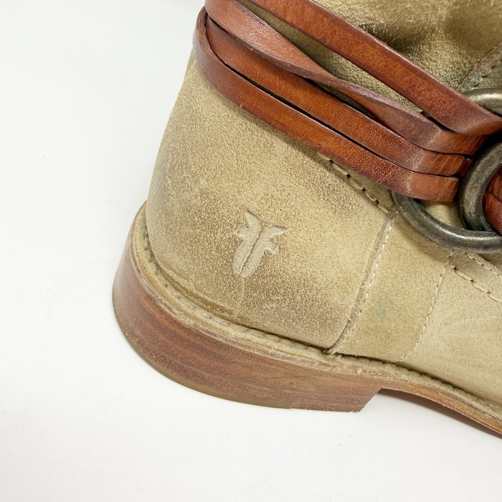 Frye Harness Suede Short Ankle Boots Beige‎ Tan Leather Straps 7.5 - Picture 4 of 14